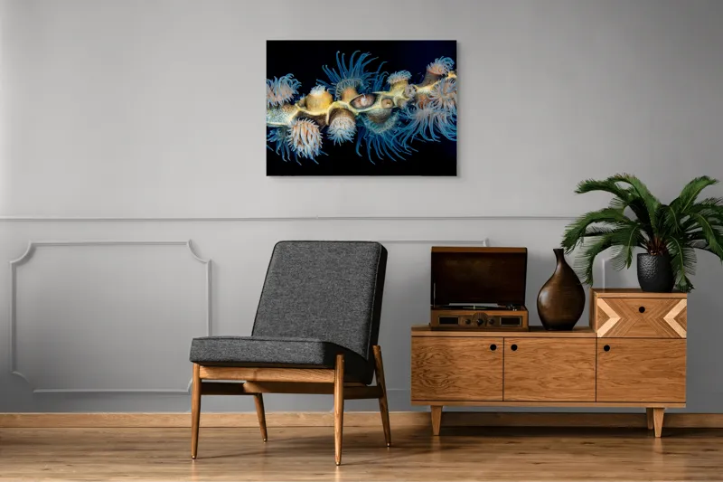 Tablou Canvas, "Dansul exotic al coralilor subacvatici", Flori, Coral, Tentacule, Albastru, Marin, Complexitate, Frumusețe, Natură, Biodiversitate, Ocean., 100 x 70 cm – poza 8