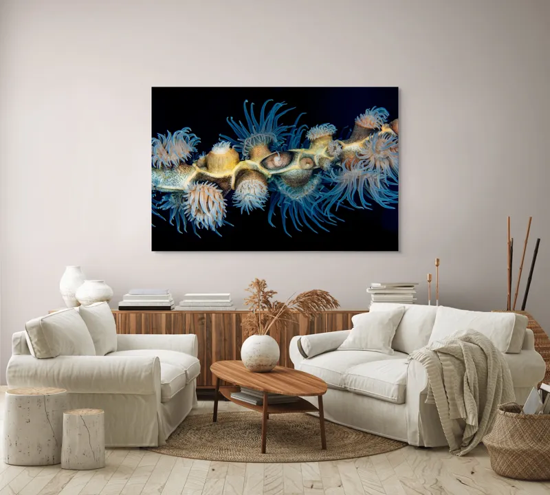 Tablou Canvas, "Dansul exotic al coralilor subacvatici", Flori, Coral, Tentacule, Albastru, Marin, Complexitate, Frumusețe, Natură, Biodiversitate, Ocean., 150 x 100 cm – poza 3