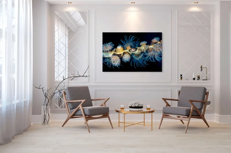 Tablou Canvas, "Dansul exotic al coralilor subacvatici", Flori, Coral, Tentacule, Albastru, Marin, Complexitate, Frumusețe, Natură, Biodiversitate, Ocean., 150 x 100 cm – poza 7
