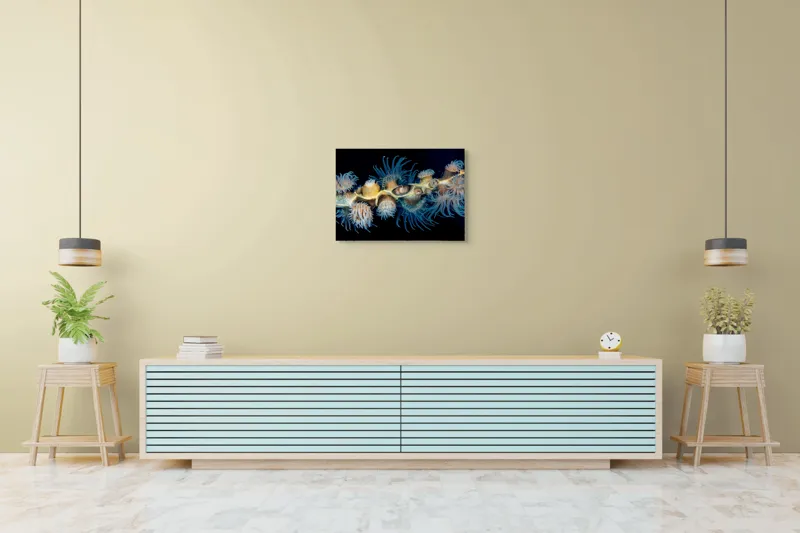 Tablou Canvas, "Dansul exotic al coralilor subacvatici", Flori, Coral, Tentacule, Albastru, Marin, Complexitate, Frumusețe, Natură, Biodiversitate, Ocean., 70 x 50 cm – poza 7