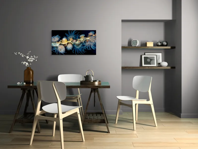 Tablou Canvas, "Dansul exotic al coralilor subacvatici", Flori, Coral, Tentacule, Albastru, Marin, Complexitate, Frumusețe, Natură, Biodiversitate, Ocean., 90 x 50 cm – poza 3