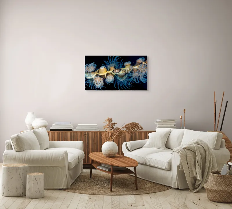 Tablou Canvas, "Dansul exotic al coralilor subacvatici", Flori, Coral, Tentacule, Albastru, Marin, Complexitate, Frumusețe, Natură, Biodiversitate, Ocean., 90 x 50 cm – poza 4