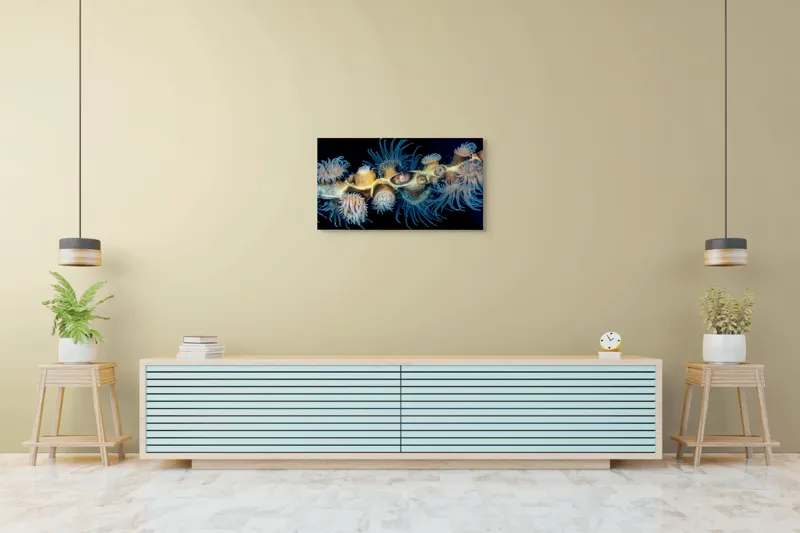 Tablou Canvas, "Dansul exotic al coralilor subacvatici", Flori, Coral, Tentacule, Albastru, Marin, Complexitate, Frumusețe, Natură, Biodiversitate, Ocean., 90 x 50 cm – poza 5
