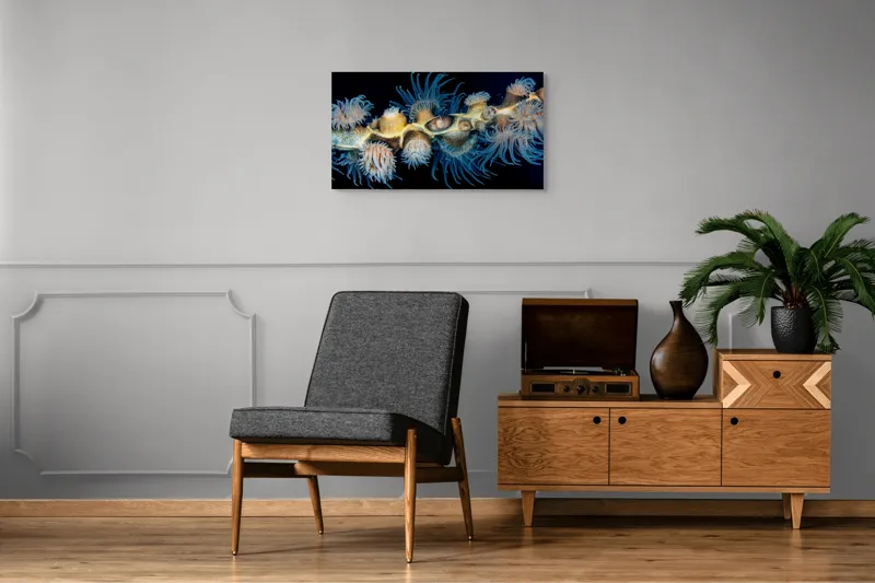 Tablou Canvas, "Dansul exotic al coralilor subacvatici", Flori, Coral, Tentacule, Albastru, Marin, Complexitate, Frumusețe, Natură, Biodiversitate, Ocean., 90 x 50 cm – poza 6