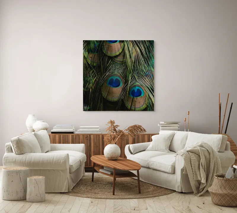 Tablou Canvas, "Ochiul păunului în dansul culorilor", Pene, Colorate, Modele, Detalii, Textura, Frumusete, Albastru, Verde, Natural, Elegant, 100 x 100 cm – poza 3