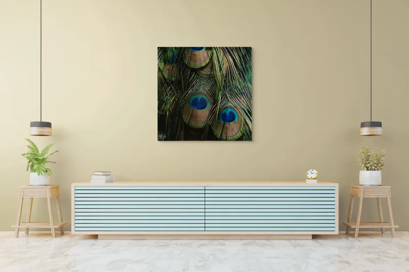 Tablou Canvas, "Ochiul păunului în dansul culorilor", Pene, Colorate, Modele, Detalii, Textura, Frumusete, Albastru, Verde, Natural, Elegant, 100 x 100 cm – poza 5