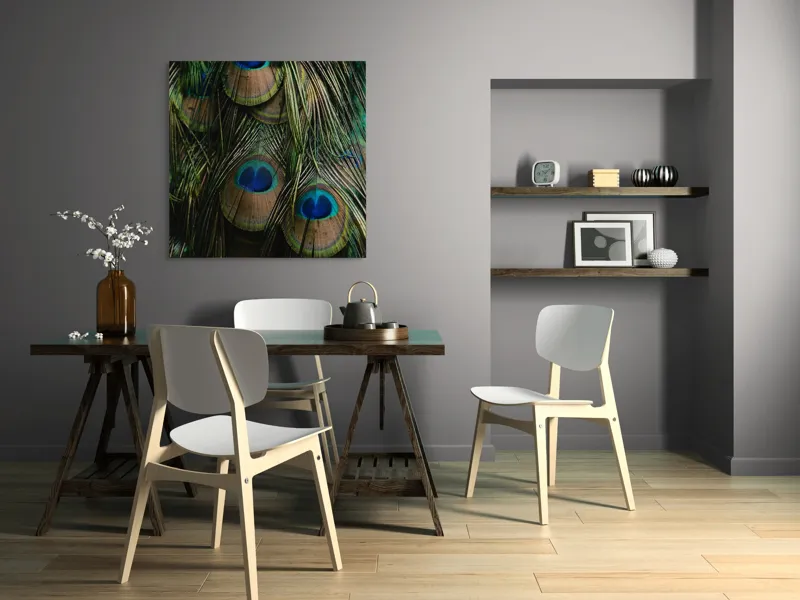 Tablou Canvas, "Ochiul păunului în dansul culorilor", Pene, Colorate, Modele, Detalii, Textura, Frumusete, Albastru, Verde, Natural, Elegant, 100 x 100 cm – poza 6