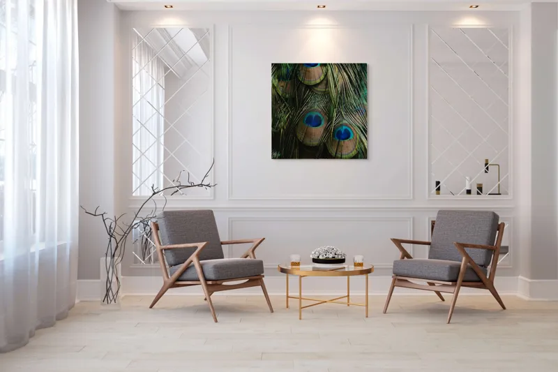 Tablou Canvas, "Ochiul păunului în dansul culorilor", Pene, Colorate, Modele, Detalii, Textura, Frumusete, Albastru, Verde, Natural, Elegant, 100 x 100 cm – poza 7