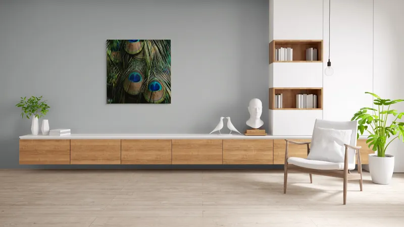 Tablou Canvas, "Ochiul păunului în dansul culorilor", Pene, Colorate, Modele, Detalii, Textura, Frumusete, Albastru, Verde, Natural, Elegant, 100 x 100 cm – poza 8