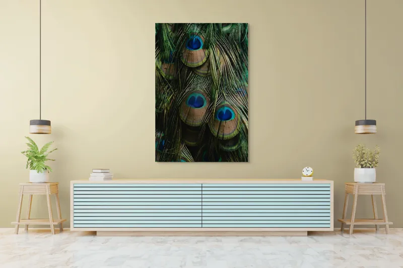 Tablou Canvas, "Ochiul păunului în dansul culorilor", Pene, Colorate, Modele, Detalii, Textura, Frumusete, Albastru, Verde, Natural, Elegant, 100 x 150 cm – poza 4