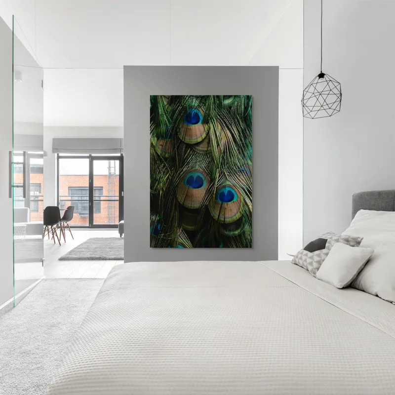Tablou Canvas, "Ochiul păunului în dansul culorilor", Pene, Colorate, Modele, Detalii, Textura, Frumusete, Albastru, Verde, Natural, Elegant, 100 x 150 cm – poza 5