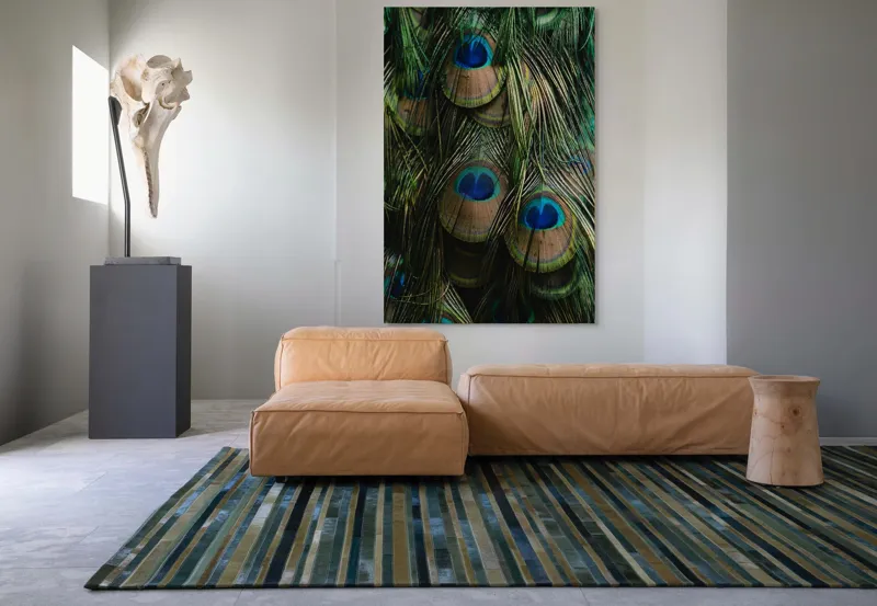 Tablou Canvas, "Ochiul păunului în dansul culorilor", Pene, Colorate, Modele, Detalii, Textura, Frumusete, Albastru, Verde, Natural, Elegant, 100 x 150 cm – poza 7