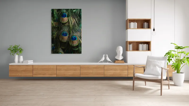 Tablou Canvas, "Ochiul păunului în dansul culorilor", Pene, Colorate, Modele, Detalii, Textura, Frumusete, Albastru, Verde, Natural, Elegant, 100 x 150 cm – poza 8