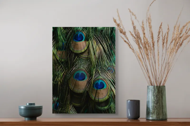 Tablou Canvas, "Ochiul păunului în dansul culorilor", Pene, Colorate, Modele, Detalii, Textura, Frumusete, Albastru, Verde, Natural, Elegant, 39 x 54 cm – poza 3