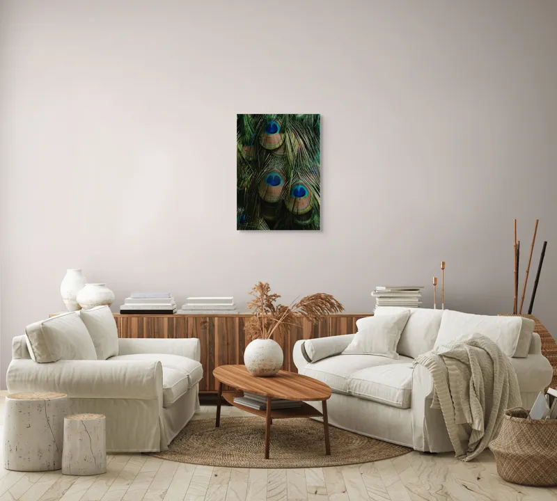 Tablou Canvas, "Ochiul păunului în dansul culorilor", Pene, Colorate, Modele, Detalii, Textura, Frumusete, Albastru, Verde, Natural, Elegant, 50 x 70 cm – poza 4