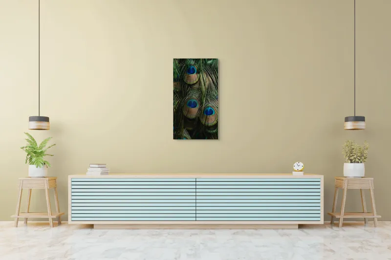 Tablou Canvas, "Ochiul păunului în dansul culorilor", Pene, Colorate, Modele, Detalii, Textura, Frumusete, Albastru, Verde, Natural, Elegant, 50 x 90 cm – poza 6