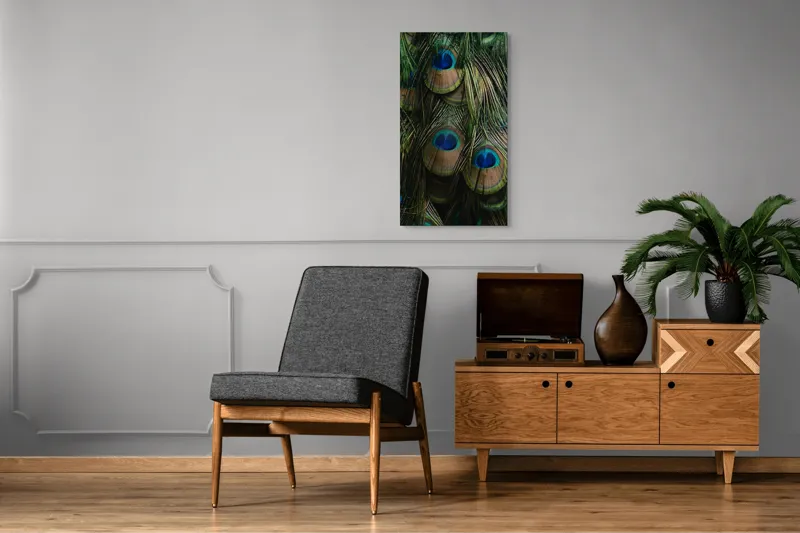 Tablou Canvas, "Ochiul păunului în dansul culorilor", Pene, Colorate, Modele, Detalii, Textura, Frumusete, Albastru, Verde, Natural, Elegant, 50 x 90 cm – poza 8