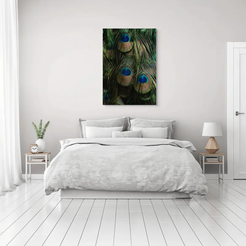 Tablou Canvas, "Ochiul păunului în dansul culorilor", Pene, Colorate, Modele, Detalii, Textura, Frumusete, Albastru, Verde, Natural, Elegant, 70 x 100 cm – poza 3