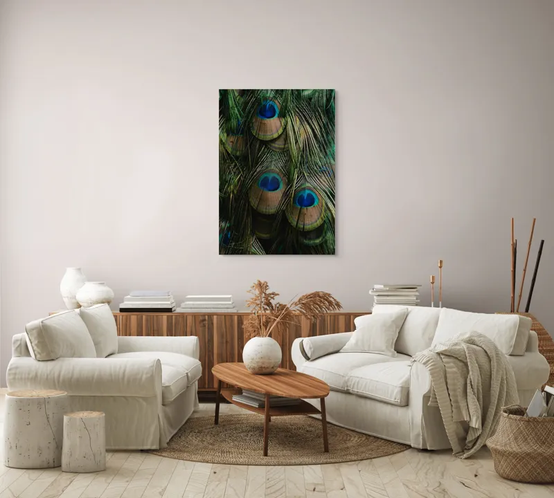 Tablou Canvas, "Ochiul păunului în dansul culorilor", Pene, Colorate, Modele, Detalii, Textura, Frumusete, Albastru, Verde, Natural, Elegant, 70 x 100 cm – poza 4