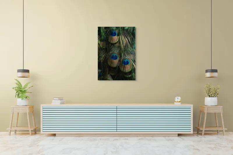 Tablou Canvas, "Ochiul păunului în dansul culorilor", Pene, Colorate, Modele, Detalii, Textura, Frumusete, Albastru, Verde, Natural, Elegant, 70 x 100 cm – poza 5
