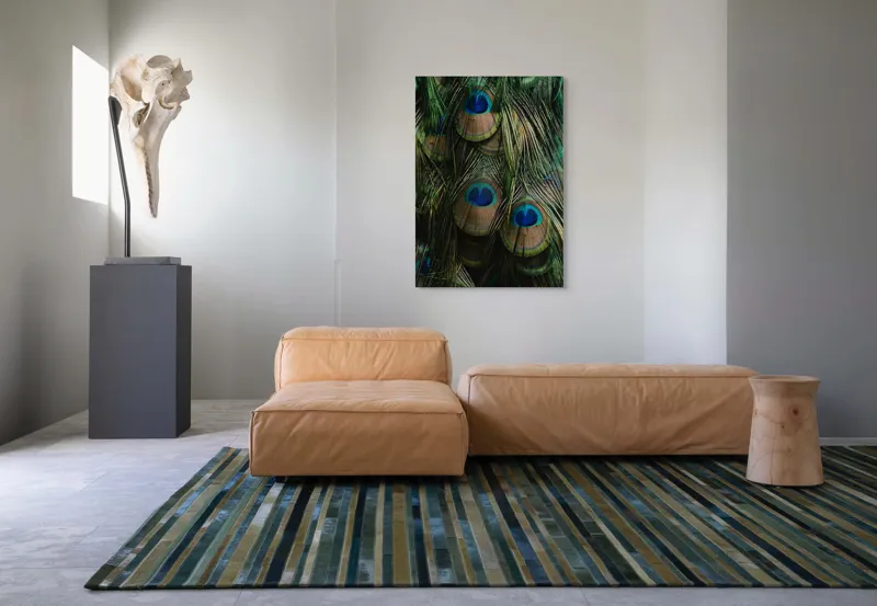Tablou Canvas, "Ochiul păunului în dansul culorilor", Pene, Colorate, Modele, Detalii, Textura, Frumusete, Albastru, Verde, Natural, Elegant, 70 x 100 cm – poza 7