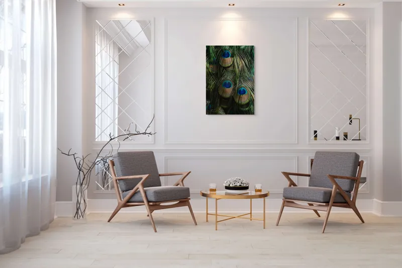 Tablou Canvas, "Ochiul păunului în dansul culorilor", Pene, Colorate, Modele, Detalii, Textura, Frumusete, Albastru, Verde, Natural, Elegant, 70 x 100 cm – poza 8