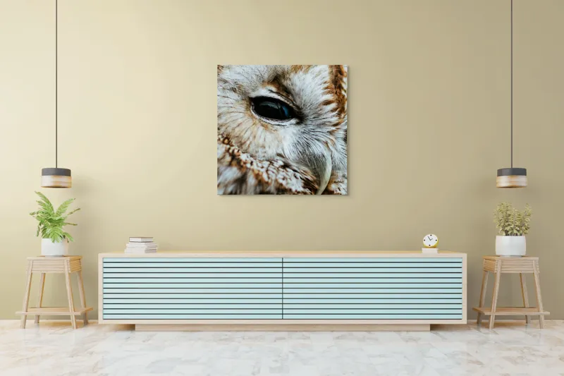 Tablou Canvas, "Privirea misterioasă a bufniței regale", Pene, Ochi, Cioc, Textură, Calm, Mister, Nătură., 100 x 100 cm – poza 5