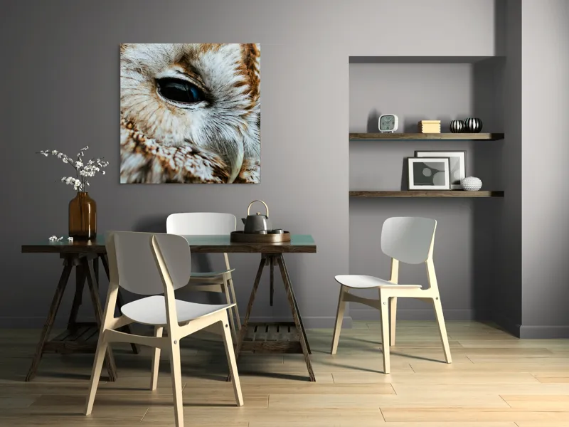Tablou Canvas, "Privirea misterioasă a bufniței regale", Pene, Ochi, Cioc, Textură, Calm, Mister, Nătură., 100 x 100 cm – poza 6