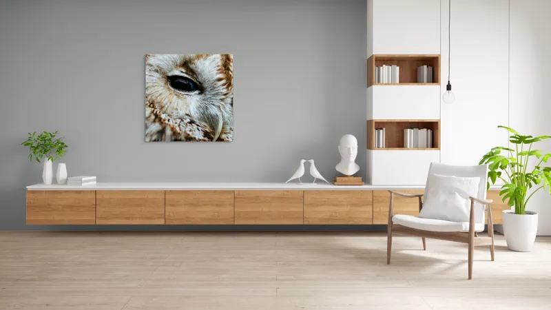 Tablou Canvas, "Privirea misterioasă a bufniței regale", Pene, Ochi, Cioc, Textură, Calm, Mister, Nătură., 100 x 100 cm – poza 8