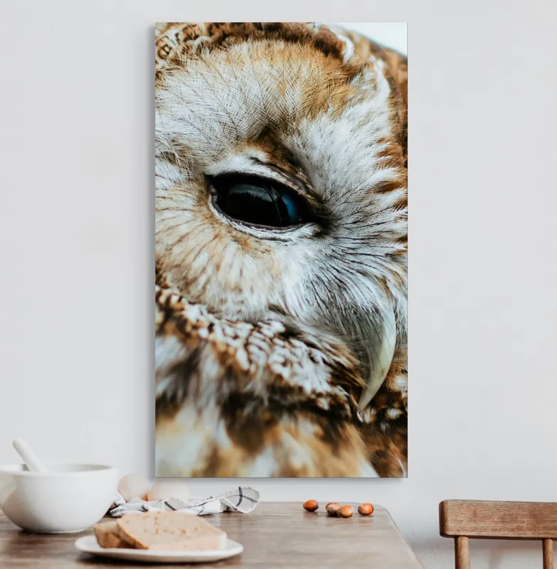 Tablou Canvas, "Privirea misterioasă a bufniței regale", Pene, Ochi, Cioc, Textură, Calm, Mister, Nătură., 50 x 90 cm – poza 3