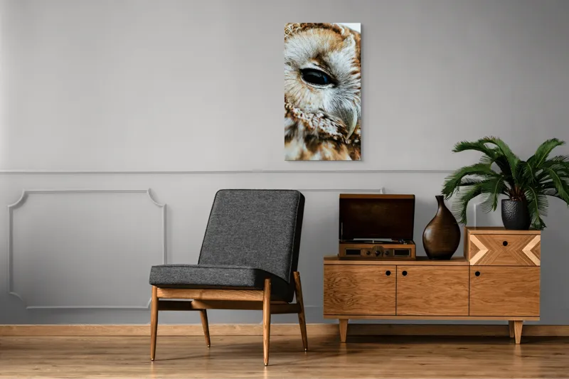 Tablou Canvas, "Privirea misterioasă a bufniței regale", Pene, Ochi, Cioc, Textură, Calm, Mister, Nătură., 50 x 90 cm – poza 8