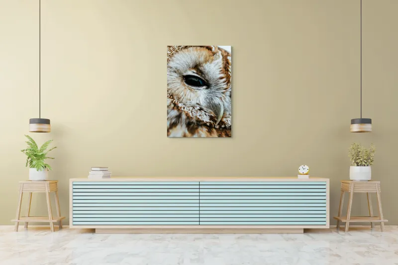 Tablou Canvas, "Privirea misterioasă a bufniței regale", Pene, Ochi, Cioc, Textură, Calm, Mister, Nătură., 70 x 100 cm – poza 5
