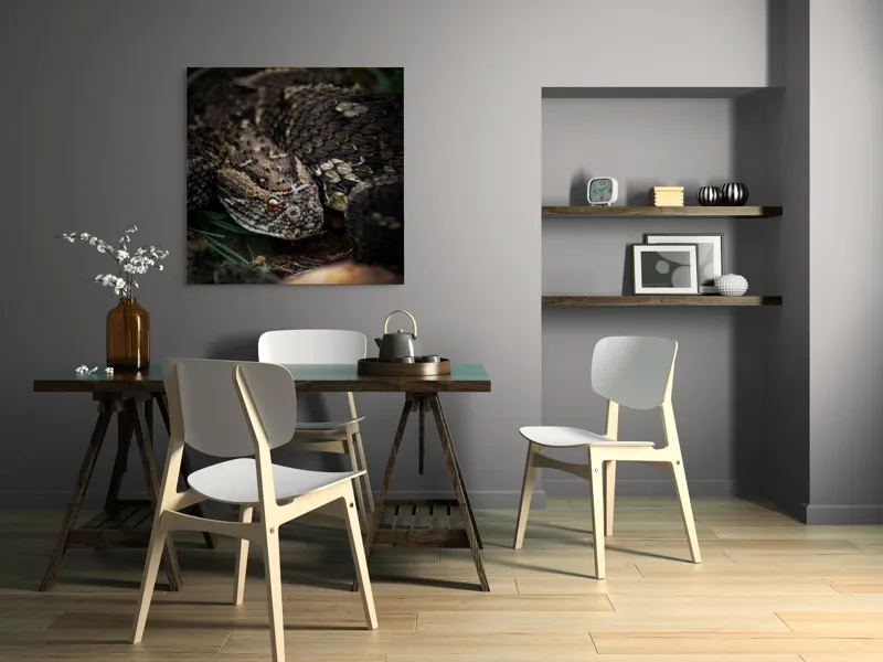 Tablou Canvas, "Șarpele ascuns în iarba densă", Șarpe, Solzi, Ochi, Culoare, Textură, Natură, Verde, Sol, Cădere, 100 x 100 cm – poza 6