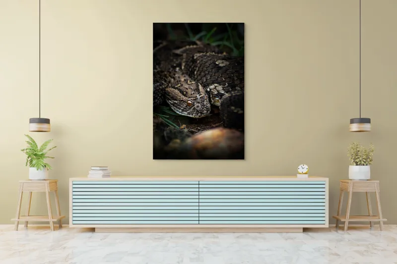Tablou Canvas, "Șarpele ascuns în iarba densă", Șarpe, Solzi, Ochi, Culoare, Textură, Natură, Verde, Sol, Cădere, 100 x 150 cm – poza 4