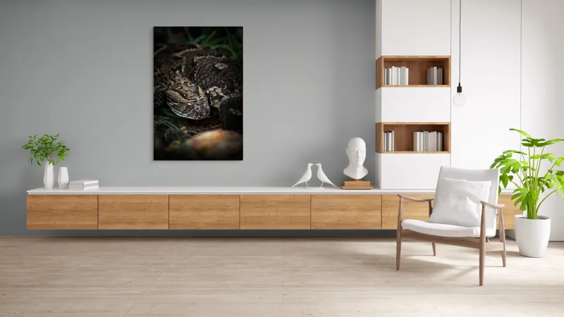 Tablou Canvas, "Șarpele ascuns în iarba densă", Șarpe, Solzi, Ochi, Culoare, Textură, Natură, Verde, Sol, Cădere, 100 x 150 cm – poza 8