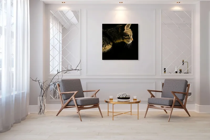 Tablou Canvas, "Profil de pisică în lumină misterioasă", Întuneric, Pisică, Profil, Blană, Mustăți, Iluminare, Contrast, Observare, Noapte, Siluetă, 100 x 100 cm – poza 7