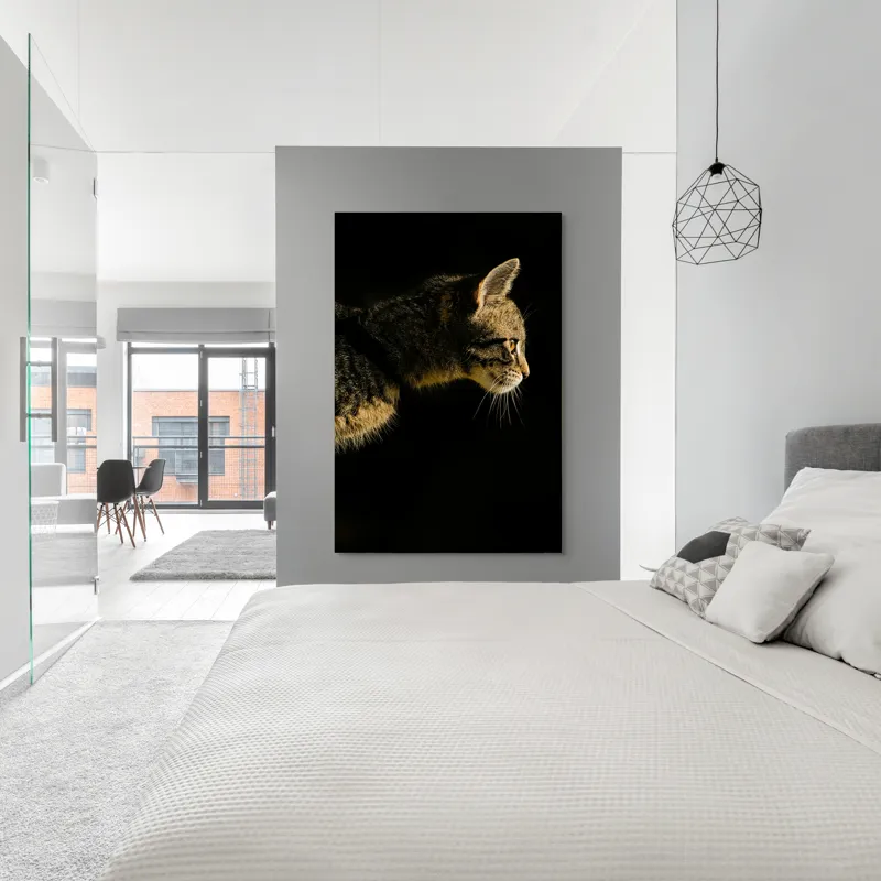 Tablou Canvas, "Profil de pisică în lumină misterioasă", Întuneric, Pisică, Profil, Blană, Mustăți, Iluminare, Contrast, Observare, Noapte, Siluetă, 100 x 150 cm – poza 5