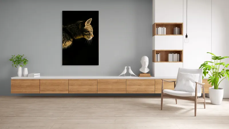 Tablou Canvas, "Profil de pisică în lumină misterioasă", Întuneric, Pisică, Profil, Blană, Mustăți, Iluminare, Contrast, Observare, Noapte, Siluetă, 100 x 150 cm – poza 8