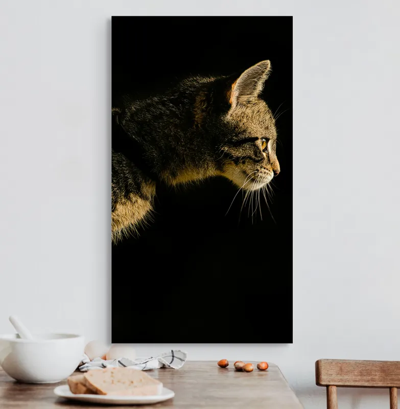 Tablou Canvas, "Profil de pisică în lumină misterioasă", Întuneric, Pisică, Profil, Blană, Mustăți, Iluminare, Contrast, Observare, Noapte, Siluetă, 50 x 90 cm – poza 3