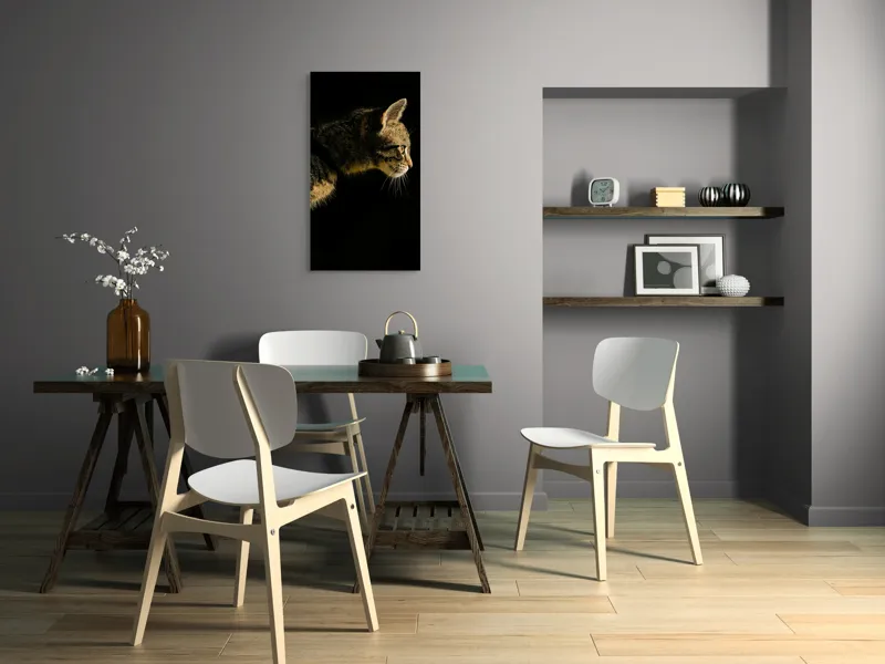 Tablou Canvas, "Profil de pisică în lumină misterioasă", Întuneric, Pisică, Profil, Blană, Mustăți, Iluminare, Contrast, Observare, Noapte, Siluetă, 50 x 90 cm – poza 4