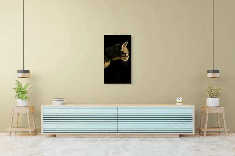 Tablou Canvas, "Profil de pisică în lumină misterioasă", Întuneric, Pisică, Profil, Blană, Mustăți, Iluminare, Contrast, Observare, Noapte, Siluetă, 50 x 90 cm – poza 6