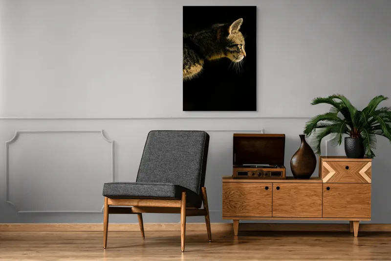 Tablou Canvas, "Profil de pisică în lumină misterioasă", Întuneric, Pisică, Profil, Blană, Mustăți, Iluminare, Contrast, Observare, Noapte, Siluetă, 70 x 100 cm – poza 6