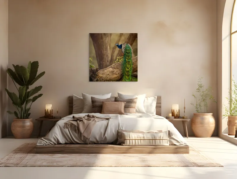 Tablou Canvas, "Păunul pe trunchiul bătrân al copacului", Splendoare, Culoare, Natură, Păun, Pădure, Măreție, Serenitate, Eleganță, Frumusețe, Viață, 100 x 100 cm – poza 4