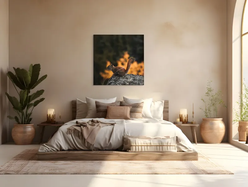 Tablou Canvas, "Veverița pe stâncă la apus", Veveriță, Copac, Pământ, Blană, Lumină, Natură, Toamnă, Stâncă, Coadă, Jucăușă, 100 x 100 cm – poza 4