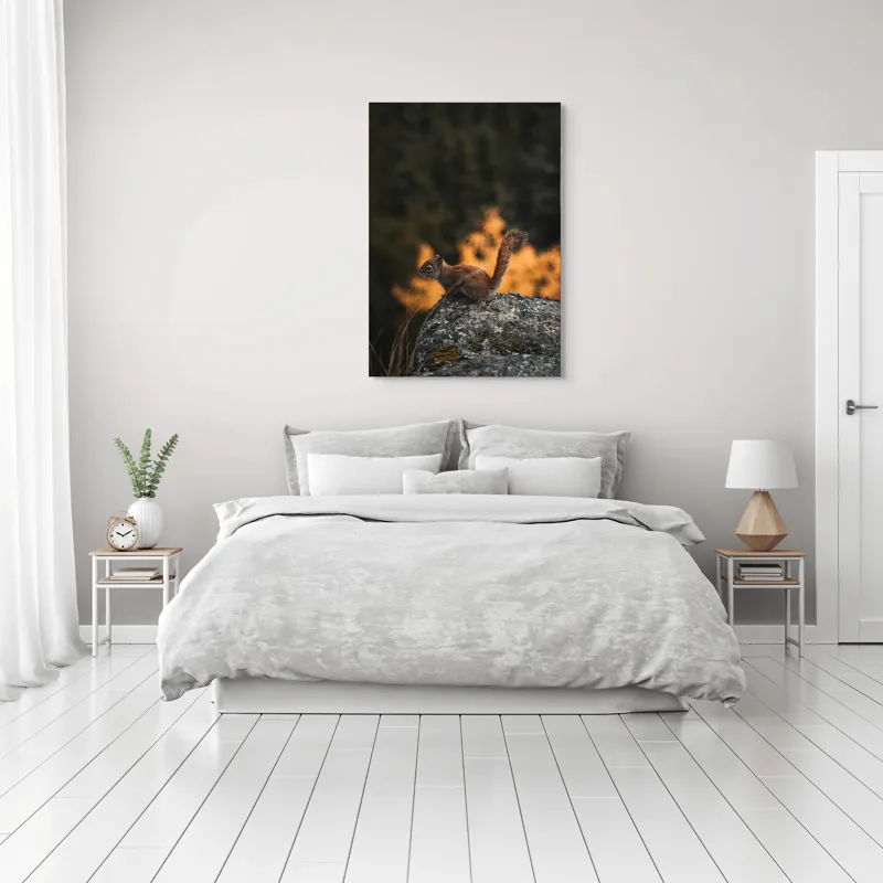 Tablou Canvas, "Veverița pe stâncă la apus", Veveriță, Copac, Pământ, Blană, Lumină, Natură, Toamnă, Stâncă, Coadă, Jucăușă, 70 x 100 cm – poza 3