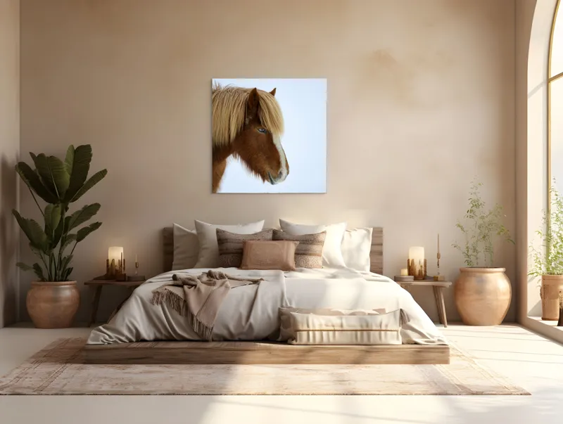 Tablou Canvas, "Nu pot spune cine este în imagine.", Cal, Blond, Privire, Blând, Plete, Zăpadă, Profil, Rase, Coadă, Ochii, 100 x 100 cm – poza 4