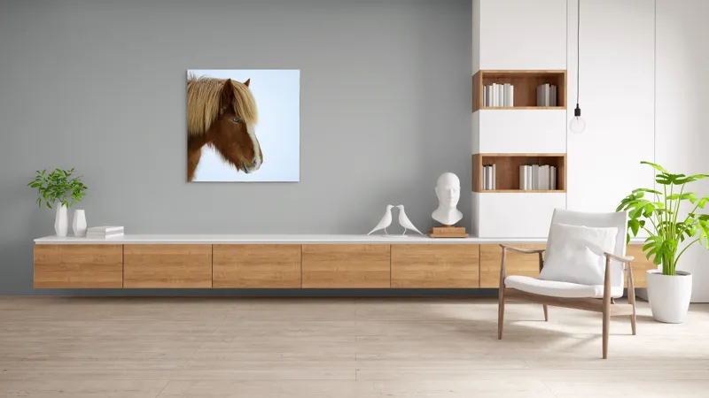 Tablou Canvas, "Nu pot spune cine este în imagine.", Cal, Blond, Privire, Blând, Plete, Zăpadă, Profil, Rase, Coadă, Ochii, 100 x 100 cm – poza 8