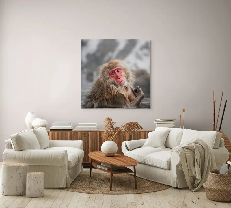 Tablou Canvas, "Macac japonez relaxându-se în apă termală", Blană, Zăpadă, Ape, Privire, Singurătate, 100 x 100 cm – poza 3