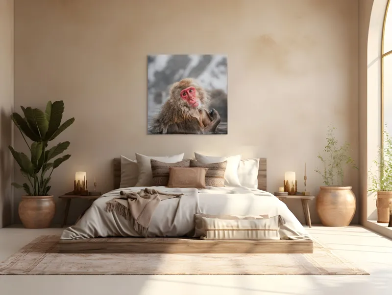 Tablou Canvas, "Macac japonez relaxându-se în apă termală", Blană, Zăpadă, Ape, Privire, Singurătate, 100 x 100 cm – poza 4