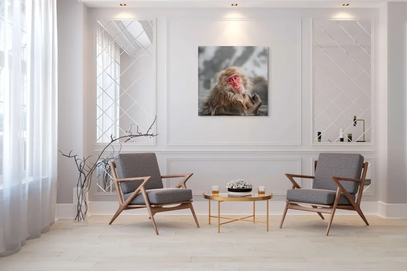 Tablou Canvas, "Macac japonez relaxându-se în apă termală", Blană, Zăpadă, Ape, Privire, Singurătate, 100 x 100 cm – poza 7